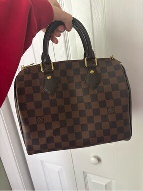 Brown Checkered Top Handle Women's Bag